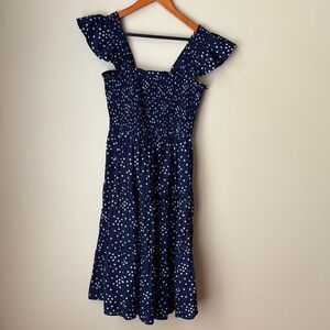 Candace Cameron Bure Dress Smocked Navy and White Midi Ruffles straps